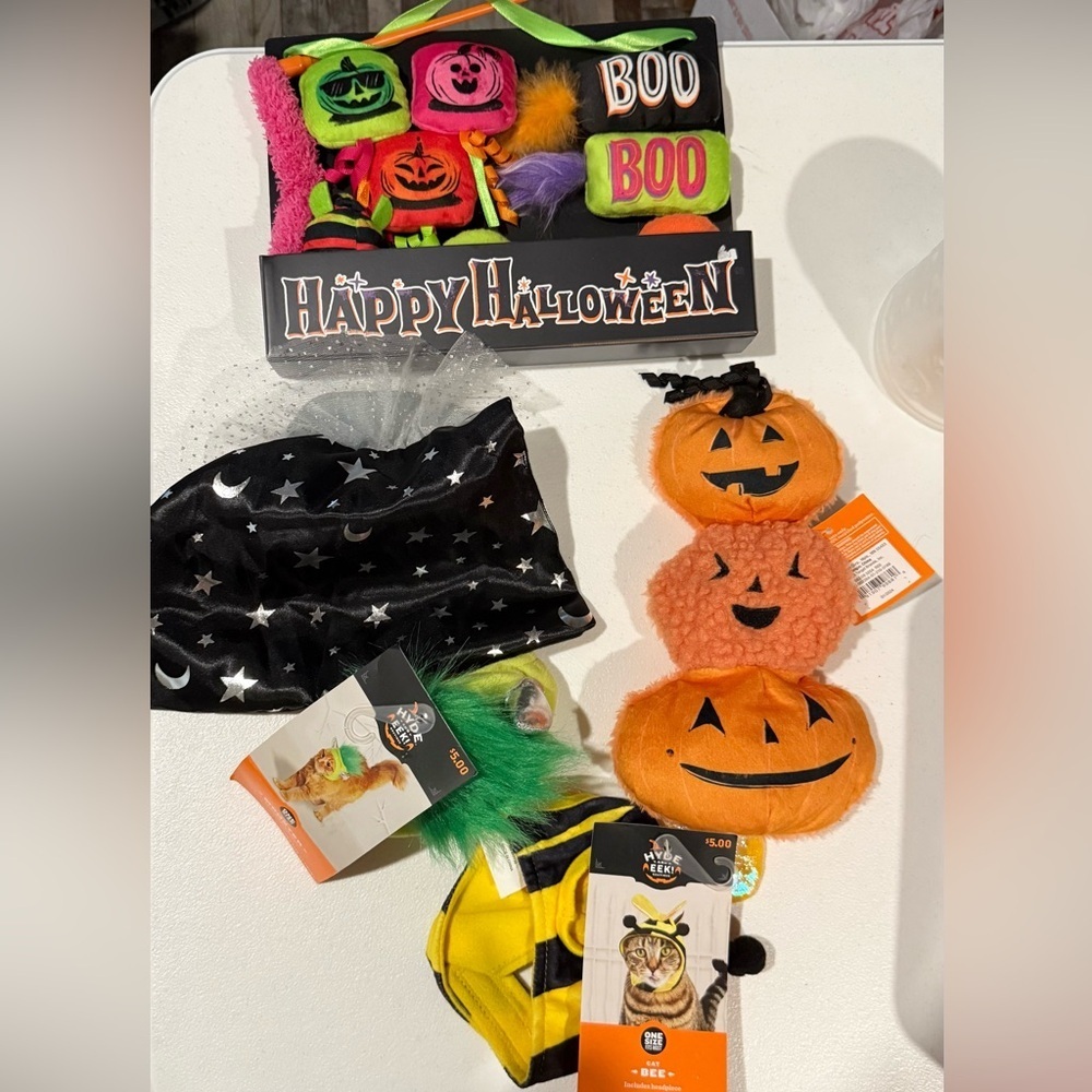 Cat toys and costumes! 10 pack Halloween cat toy and pumpkin cat nip. 3 costumes